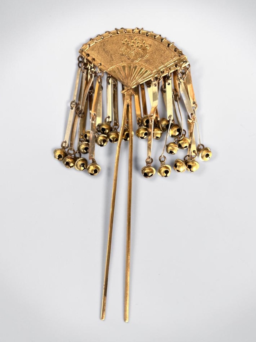 Antique Japanese Kanzashi Fan with Bells “Bira Bira” Hair Ornament